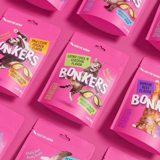 Bonkers Cat Bites, Crunchy & Soft Chick N' Cheddar Flavor Treats, Low Calorie, Training or Food Topper, 3 OZ Resealable Bag for All Breeds and Ages, Value Pack (10 Pack)