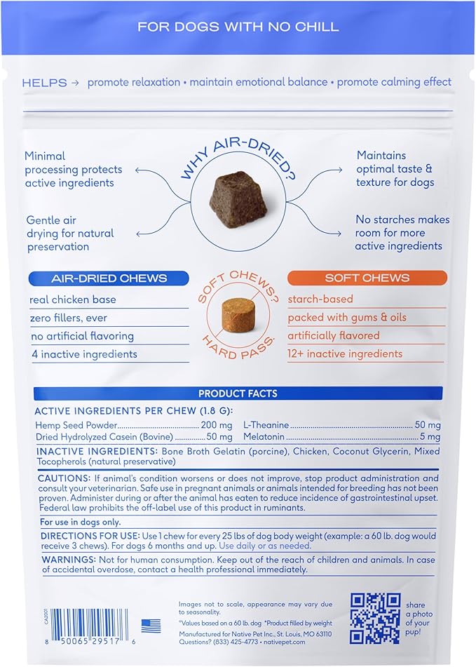 Native Pet Calming Chews for Dogs - Melatonin for Dogs Anxiety Relief - Grain Free All Natural Hemp Calming Treats & L-Theanine Helps Manage Stress & Separation Anxiety - Puppy Sleep Aid - 90 Chews