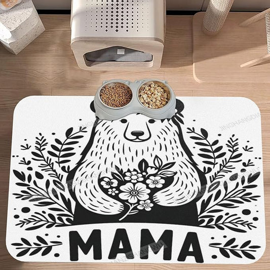 Pet Feeding Mats with Residue Collection Cute Mama Happy Mother's Day Floral Gift for Mom Ce Waterproof Dog Cat Bowl Mat 24x16In with Prevent Water Food Spills
