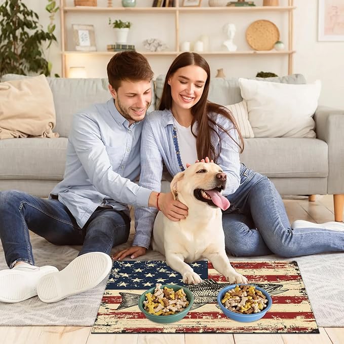 Vintage American Flag Dog Food Mat for Floors Absorbent Dog Bowl Mat for Food and Water Dispenser Quick Dry Cat Food Placemat Pet Supplies 24" x 32", Bass Fish