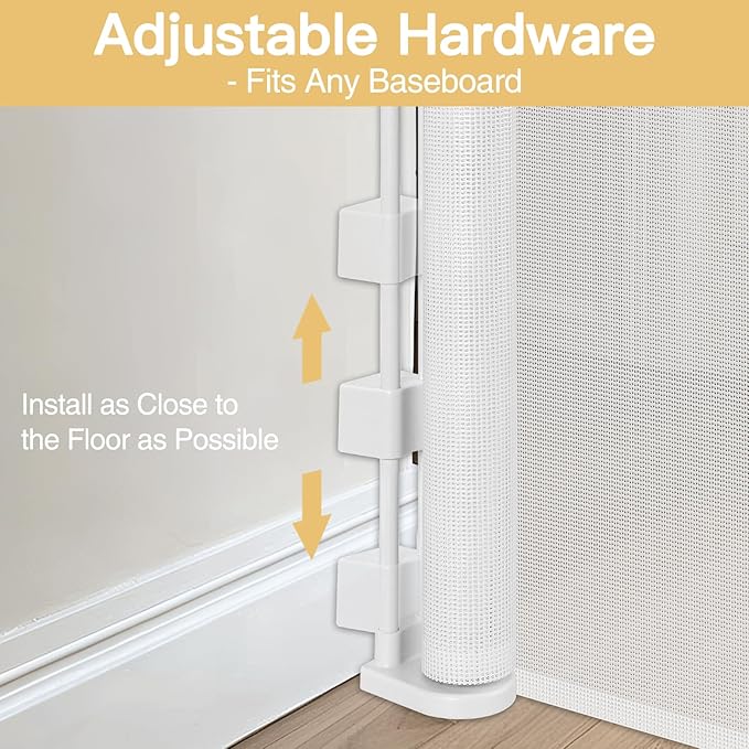 Reinforced 42" Extra Tall Retractable Baby Gates Tall Dog Gate with Support Rods, 55" Wide Mesh Gate Retractable Pet Gate Indoor/Outdoor Baby Gates for Dogs - Bottom Anti-Escape, White