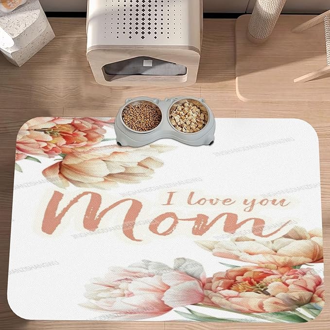 Dog Food Mat for Floors Absorbent Quick Drying Happy Mother's Day Floral Gift for Mom Lb Pet Cat Food Mat Easy-to-Clean Pet Feeding Mats Dog Bowl Mats 18X12In