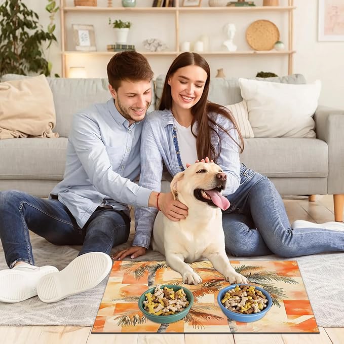 Palm Trees Dog Food Mat for Floors Absorbent, Quick Dry Water Dispenser Mat for Food, Water, Pet Supplies 24" x 32", Orange Hawaii