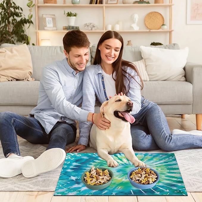 Tie Dye Dog Food Mat for Floors Absorbent, Quick Dry Water Dispenser Mat for Food, Water, Pet Supplies 17" x 30", Blue Green