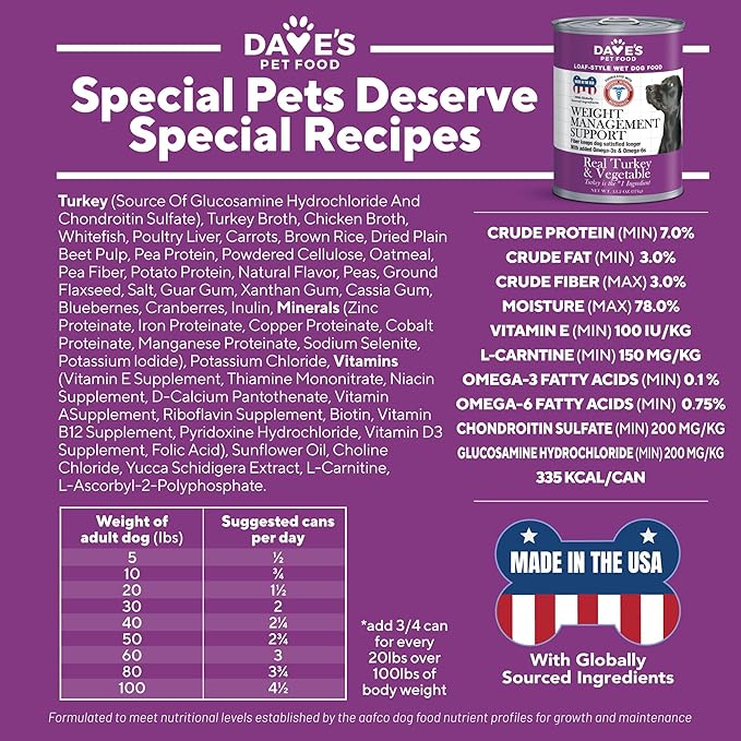 Dave's Pet Food Weight Management Dog Food (Turkey & Vegetables), Made in USA, Weight Loss, Soft, Canned Wet, 13.2oz (12 Pack)
