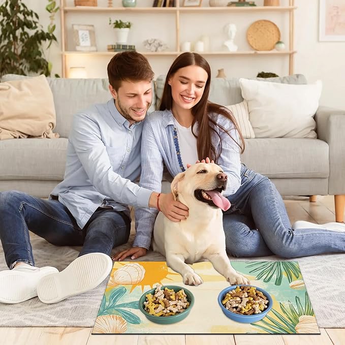 Tropical Coast Dog Food Mat for Floors Absorbent Dog Bowl Mat for Food and Water Dispenser Quick Dry Cat Food Placemat Pet Supplies 24" x 32", Boho Sun