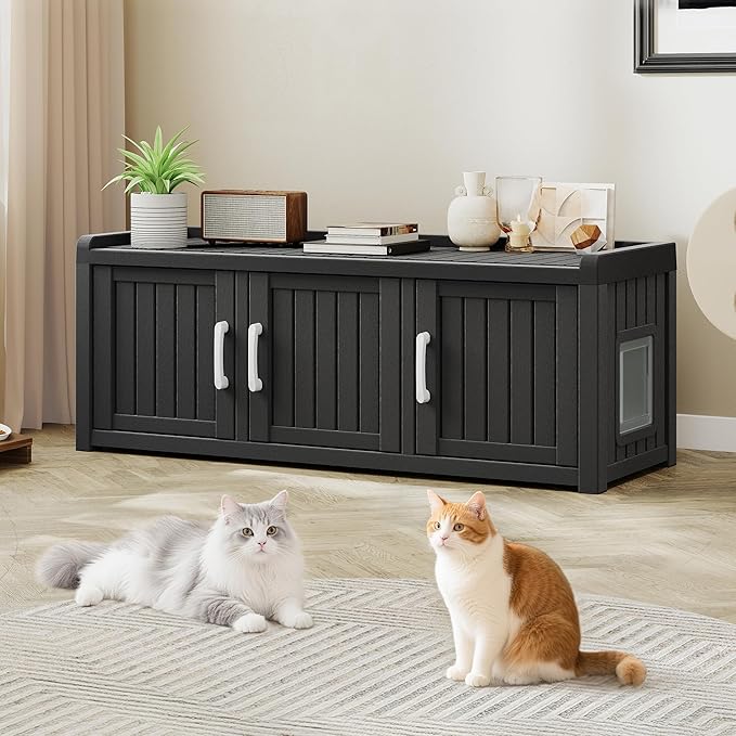 KAMABOKO Cat Litter Box Enclosure Hidden Litter Box Furniture with Door and Window, Multi-Functional Cat Furniture for Living Room Bedroom, Black