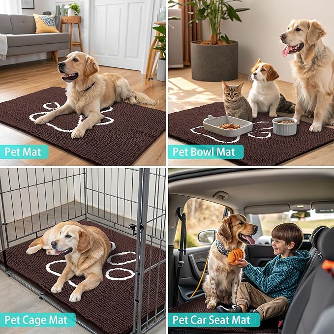 Smiry Dog Door Mat for Muddy Paws, Absorbent Dirt Trapper Non Slip Quick Dry Washable Chenille Mat for Mud Dogs, Entry Rug for Indoor and Outdoor (44x32 Inches, Brown and White)