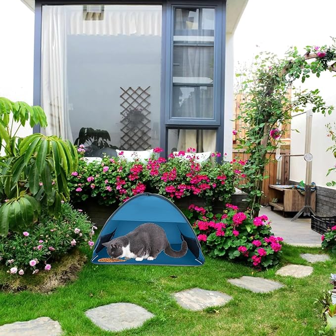 Outdoor Cat Feeding Station, 31.5 x 19.7 x 21.7 Inch Large Outdoor Pet House with Ground Nails for Fixing, Foldable Stray Cat Shelter for Feral/Community Cats, Small Dogs and Rabbits (Blue)