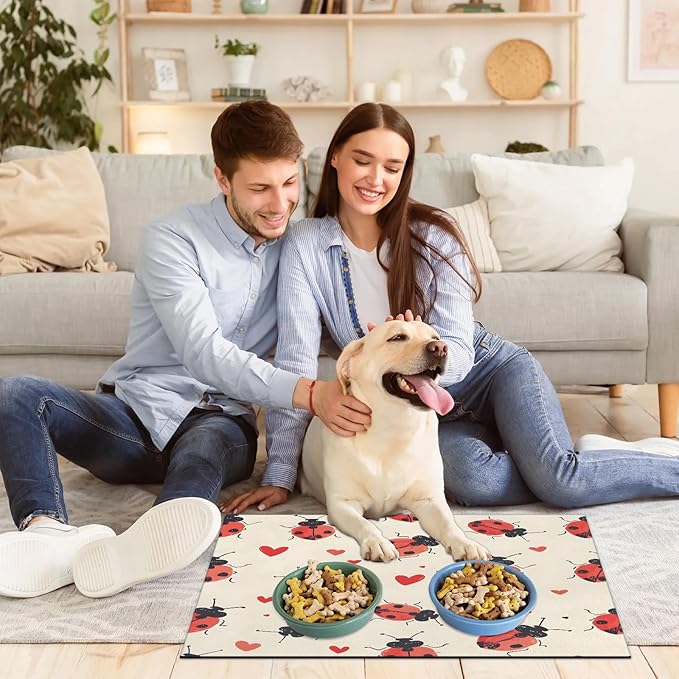 Red Ladybird Dog Food Mat for Floors Absorbent, Quick Dry Water Dispenser Mat for Food, Water, Pet Supplies 12" x 20", Red Love