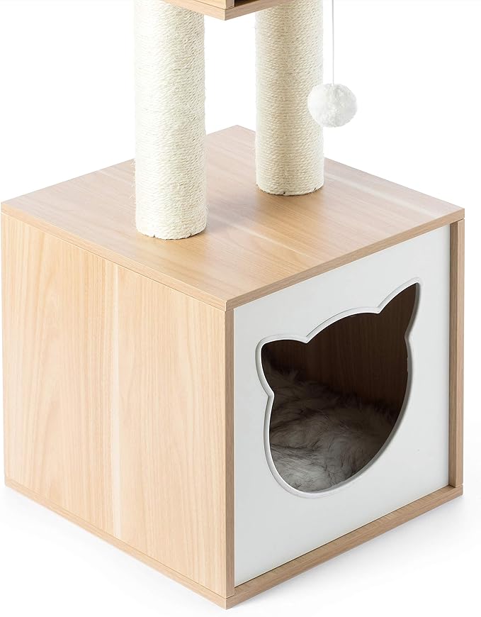 Cat Tree Play House Condo Cube Cave, Platform, Scratcher Post and Ball Toy