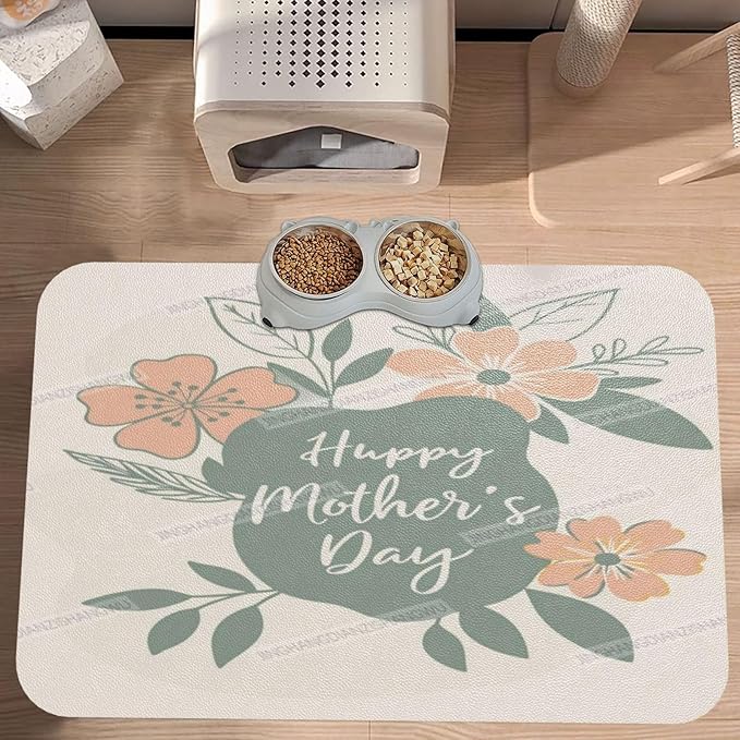 Pet Feeding Mats with Residue Collection Happy Mother's Day Floral Gift for Mom Iy Waterproof Dog Cat Bowl Mat 18X12In with Prevent Water Food Spills