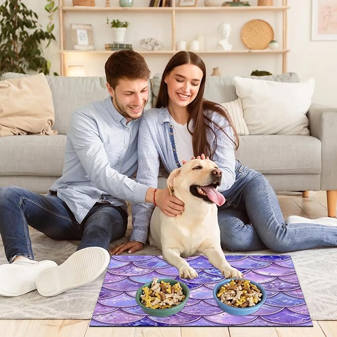 Mermaid Scales Dog Food Mat for Floors Absorbent Dog Bowl Mat for Food and Water Dispenser Quick Dry Cat Food Placemat Pet Supplies 16" x 24", Ocean Beach