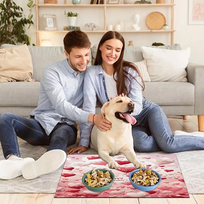 Happy Valentine's Dog Food Mat for Floors Absorbent, Quick Dry Water Dispenser Mat for Food, Water, Pet Supplies 12" x 20", Pink Love