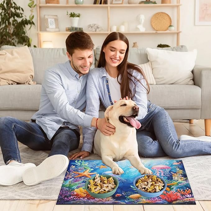 Undersea Nautical Dog Food Mat for Floors Absorbent Dog Bowl Mat for Food and Water Dispenser Quick Dry Cat Food Placemat Pet Supplies 12" x 20", Starfish Coral