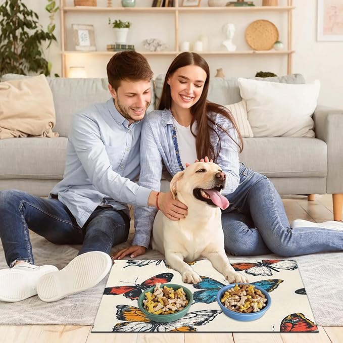 Colorful Butterfly Dog Food Mat for Floors Absorbent, Quick Dry Water Dispenser Mat for Food, Water, Pet Supplies 16" x 24", Watercolor Animal
