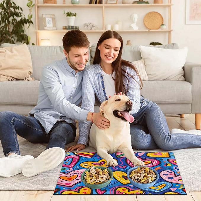 Colorful Love Dog Food Mat for Floors Absorbent, Quick Dry Water Dispenser Mat for Food, Water, Pet Supplies 17" x 30", Heart
