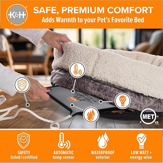 K&H Pet Products Pet Bed Warmer, Turn Any Pet Bed Into a Heated Cat or Dog Bed, Waterproof Indoor Heated Warming Pad Insert, Automatic Temperature, Safety Listed - Small 10.25 X 9.25in Gray