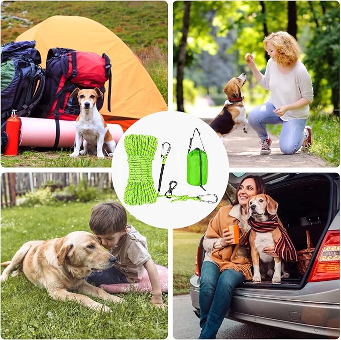 XiaZ Dog Tie Out Cable for Camping, 75FT Portable Overhead Trolley System for Dogs up to 300lbs,Dog Lead for Yard, Camping, Parks, Outdoor Events,5 min Set-up, Green