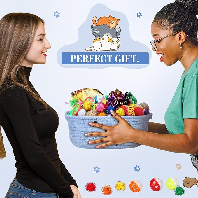 Zopeal 58 Pcs Easter Cat Storage Basket Gift Toys Set, Colorful Flashing Balls Pet Bell Crinkle Balls Spring Toys Attract Cat to Swat, Hunt, Interactive for Pet(Light Blue,9.8 Inch)