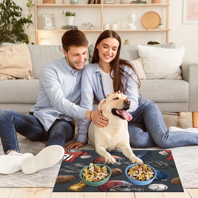 Football Baseball Dog Food Mat for Floors Absorbent, Quick Dry Water Dispenser Mat for Food, Water, Pet Supplies 24" x 32", Sports Theme