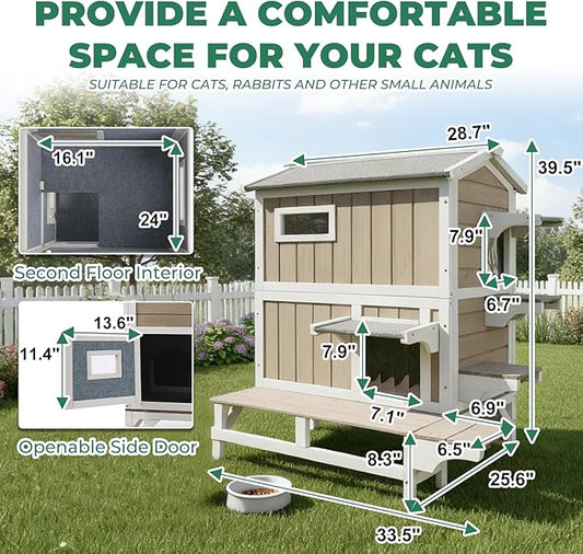 Insulated Cat House for Winter, Wood Two Story Outdoor Cat House Weatherproof with Cat Scratching Cloth, 3 Jumping Platforms, 3 Doors, Outside Indoor Clawsable Feral Cats Shelter for Small Animals