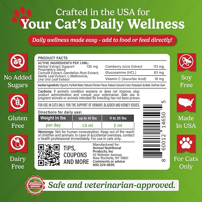 ANP Cat Urinary, Kidney & Bladder Support- Liquid Supplement with Cranberry & Herbal Blend, Natural Wellness Formula for Cats, Easy-to-Use, Tasty Chicken Flavor, 2 fl.oz /60 ml Bottle, 45 Day Supply