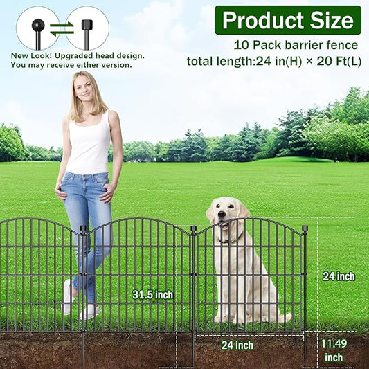 10 Panels No Dig Decorative Garden Fence with Gate - 24 in (H) x 20 ft (L) Dog Rabbits and Pets Fence Outdoor for Yard, Animal Barrier Tall Rustproof Metal Wire Fencing Border for Garden and Patio