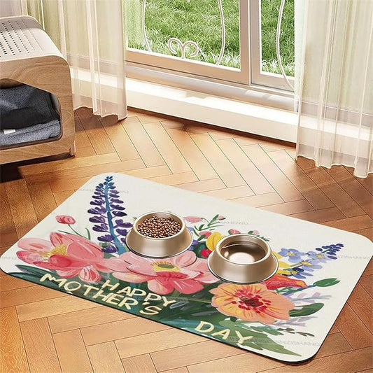 Dog Food Mats for Floors Absorbent Pet Cat Food Mat Happy Mother's Day Floral Gift Mom Lavender Non Slip Dogs Bowl Mats for Water Dog Placemats Feeding Mat Pet Supplies 24x16In