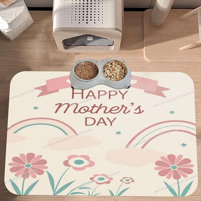 Pet Feeding Mat Happy Mother's Day Floral Gift for Mom Gb Absorbent Pet Placemat for Food Water Bowl with Waterproof Rubber Backing 24x16In Quick Dry Water Dispenser Mat Dog Cat