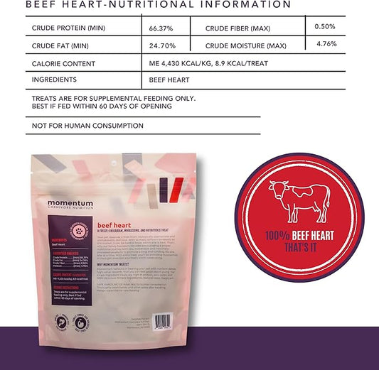Momentum Carnivore Nutrition Freeze-Dried Beef Heart Dog Treats & Cat Treats β Single-Ingredient, High-Protein, Grain-Free β Made in USA β 3 oz Bag
