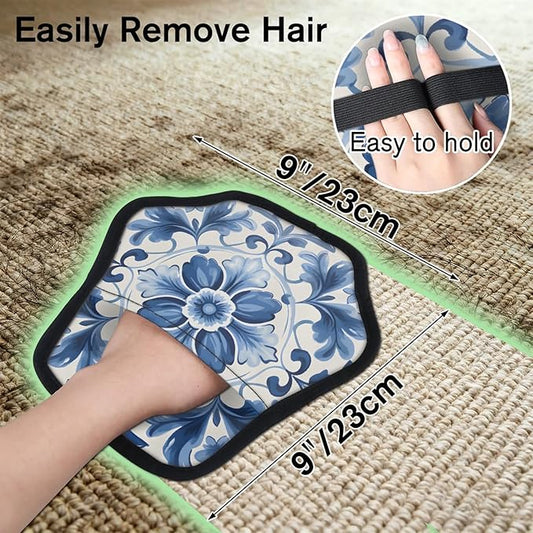 Vintage Flower Blue White Electrostatic Pet Hair Removal Glove for Cats & Dogs - Reusable Grooming Mitt for Couch, Carpet, Car Seat & Laundry - Large 9x9 Inch