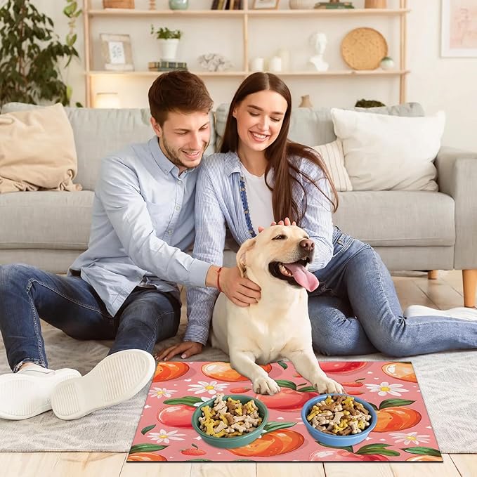 Peaches Dog Food Mat for Floors Absorbent Dog Bowl Mat for Food and Water Dispenser Quick Dry Cat Food Placemat Pet Supplies 12" x 20", Daisy Flowers
