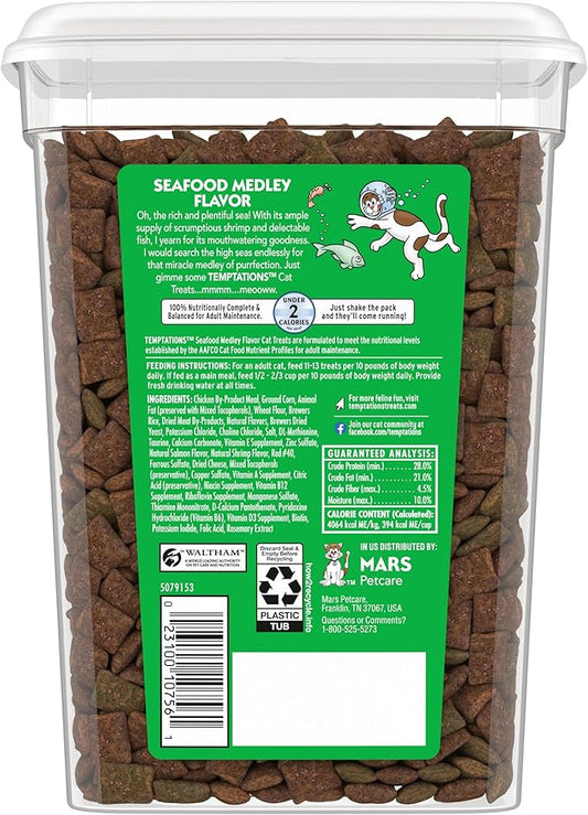 Temptations Cat Treats, Classic Crunchy and Soft Cat Treats, Seafood Medley Flavor, 16 oz. Tub