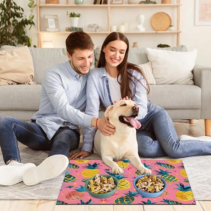 Pineapple Dog Food Mat for Floors Absorbent Dog Bowl Mat for Food and Water Dispenser Quick Dry Cat Food Placemat Pet Supplies 24" x 32", Cute Fruit Colorful