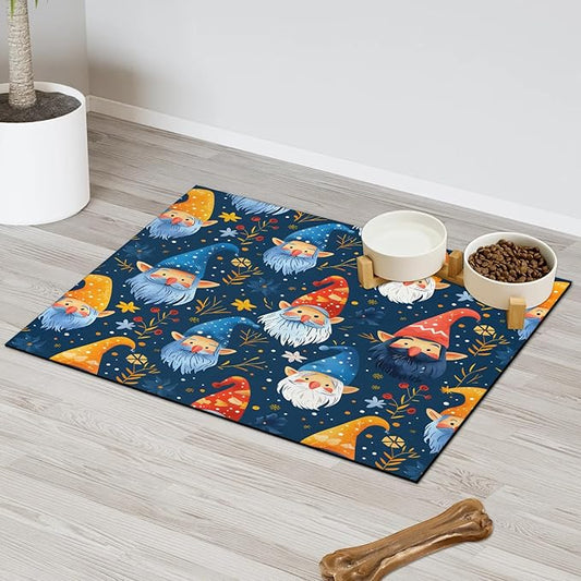 Merry Christmas Dog Food Mat for Floors Absorbent, Quick Dry Water Dispenser Mat for Food, Water, Pet Supplies 16" x 24", Cute Dwarfs