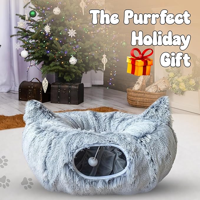 Cat Donut Tunnel Bed with 3pcs Mouse Ball Toy - Cat Tunnel for Under Christmas Tree & Cat Tunnel Bed Cave - Soft cat cave Bed – 3-in-1 Cat Tunnels for Indoor Cats, Kittens, Puppies, Rabbits (Grey)