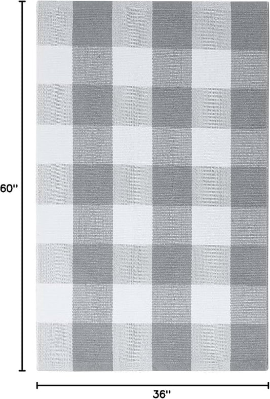 KOZYFLY Buffalo Plaid Area Rugs 3x5 Ft Gray and White Checkered Rug Washable Front Door Mat Hand Woven Cotton Outdoor Rug Large Rug for Front Porch Kitchen Entryway Patio Bathroom