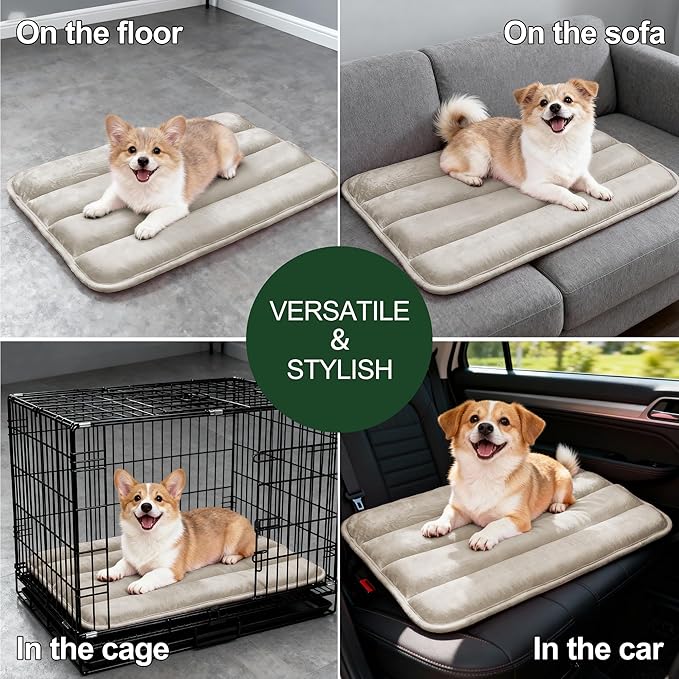 Dog Bed Mat, Reversible Dog Crate Pad with Washable Kennel Mat and Soft Foam, Flat Pet Bed for Dogs & Cats, for Crates Carriers & Travel (Light Brown, 23" L*14" W*1.5" Th)