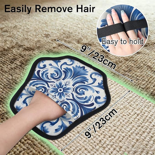 Blue Floral Print Electrostatic Pet Hair Removal Glove for Cats & Dogs - Reusable Grooming Mitt for Couch, Carpet, Car Seat & Laundry - Large 9x9 Inch