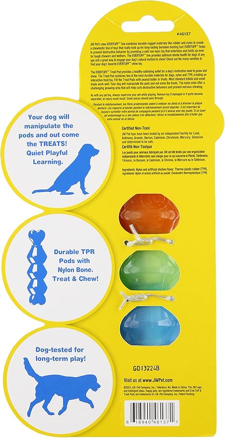 JW Pet EverTuff Treat Pod Nylon Dog Toy, Small 7" Tall, White Bone with Colored Pods of Orange, Green, Blue