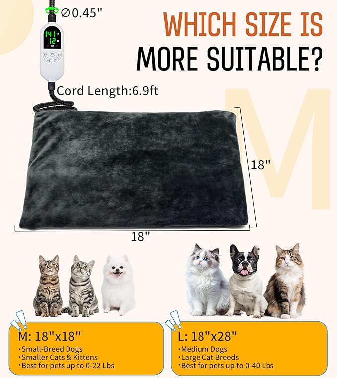 Pet Heating Pad for Cats & Dogs, Electric Heated Cat Bed with Adjustable Temperature (12 Levels) & Timer (12 Options), Chew-Resistant Cord, Indoor & Outdoor Use 18โx18โ-25W
