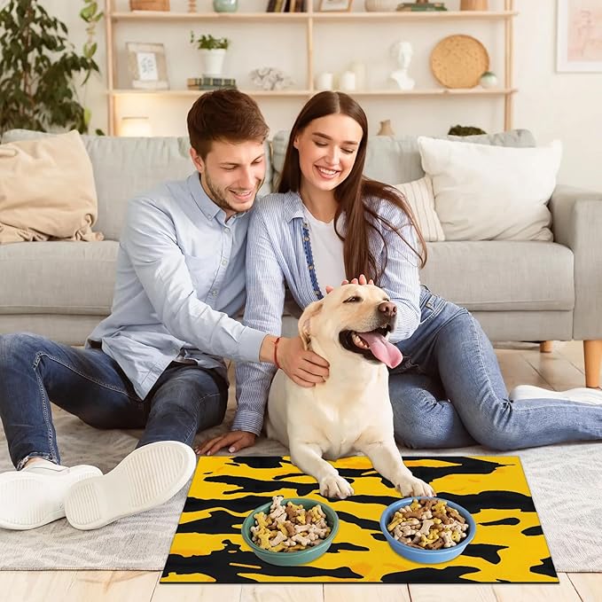 Yellow Camouflage Dog Food Mat for Floors Absorbent Dog Bowl Mat for Food and Water Dispenser Quick Dry Cat Food Placemat Pet Supplies 12" x 20", Camo