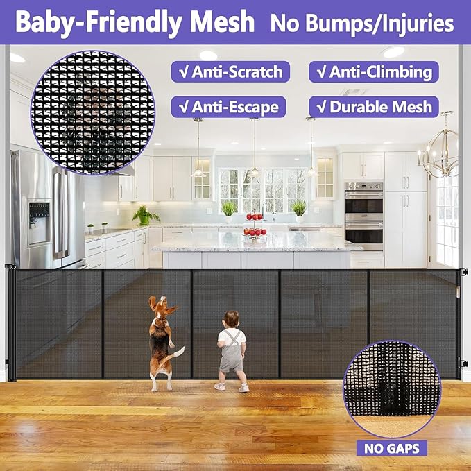 42 Inch Extra Tall Baby Gate 120 Inch Extra Wide Retractable Baby Gates for Large Openings, Upgraded Retractable Gate Keeps Pets from Getting Under Tall Pet Gate, Indoor/Outdoor Long Dog Gate