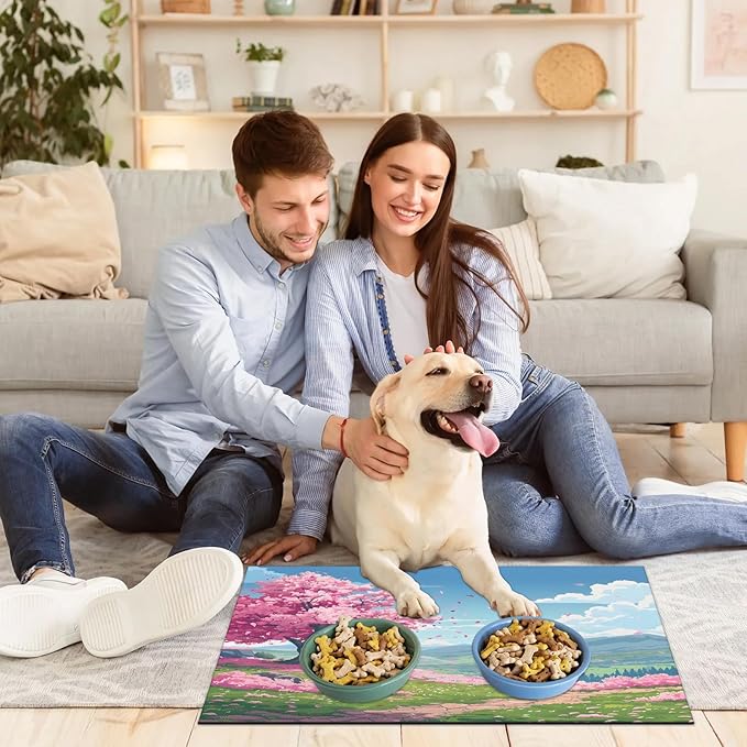 Pink Floral Dog Food Mat for Floors Absorbent, Quick Dry Water Dispenser Mat for Food, Water, Pet Supplies 24" x 32", Spring Tree