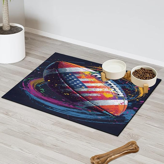 Rugby Football Dog Food Mat for Floors Absorbent, Quick Dry Water Dispenser Mat for Food, Water, Pet Supplies 24" x 32", American Flag