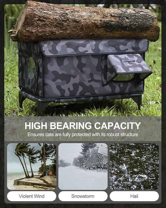 Heated Cat House for Outside,Dual Camera Mounts,100% Weatherproof & Extremely Insulated,Elevated Feral Cat Shelter with Escape Door,Waterproof Eaves for Outdoor Stray Barn Cat(Dark Camo,M)