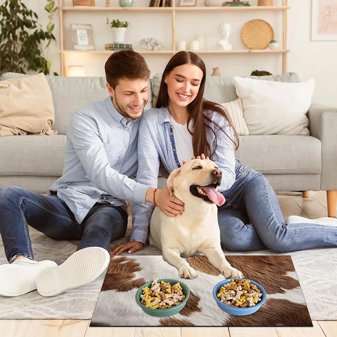 Cow Print Dog Food Mat for Floors Absorbent Dog Bowl Mat for Food and Water Dispenser Quick Dry Cat Food Placemat Pet Supplies 24" x 32", Brown White Skin