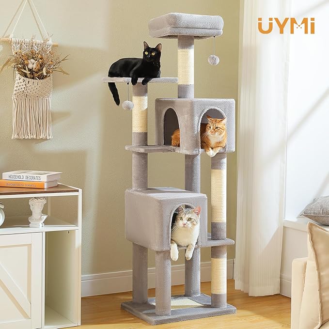 Cat Tree for Indoor Cats, 62" Multi-Level Cat Tower with 2 Spacious Condos, Scratching Pad, 4 Cat Scratching Posts, 2 Top Perches, 2 Pompoms, Grey
