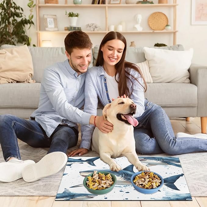 Nautical Sharks Dog Food Mat for Floors Absorbent Dog Bowl Mat for Food and Water Dispenser Quick Dry Cat Food Placemat Pet Supplies 24" x 32", Ocean Sea